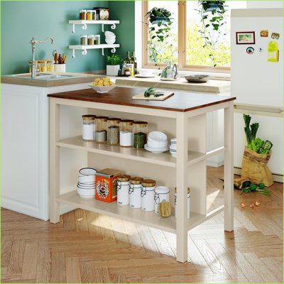 Kitchen Island 45” Solid Rubber Wood Walnut Brown + Cream Butcher Block with 2 Open Shelves | Rustic | Medium (40-55in)