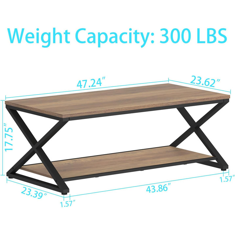 Rustic Oak and Black Metal 47" Coffee Table with Storage Shelf