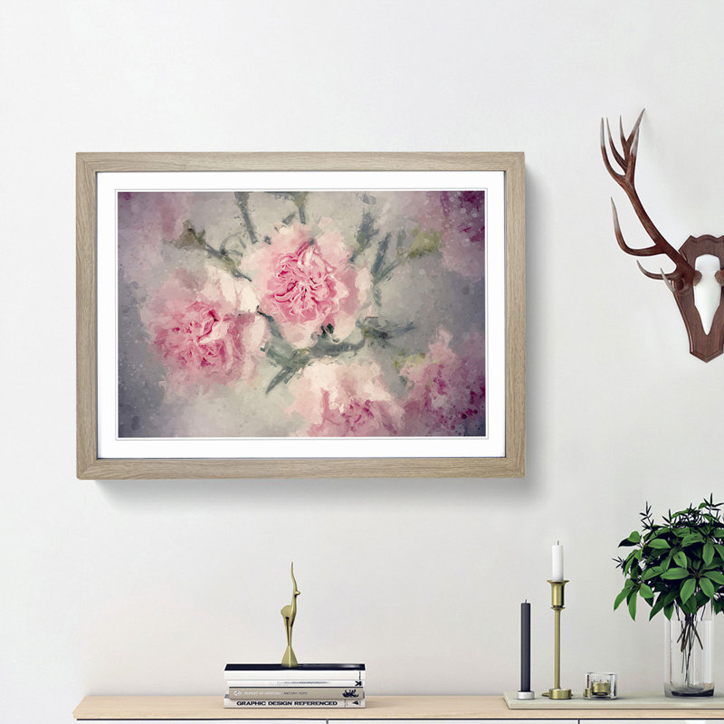 Pale Pink Carnation Flowers in Abstract - Picture Frame Painting Print, Oak Framed, 48cm H x 65cm W x 2cm D