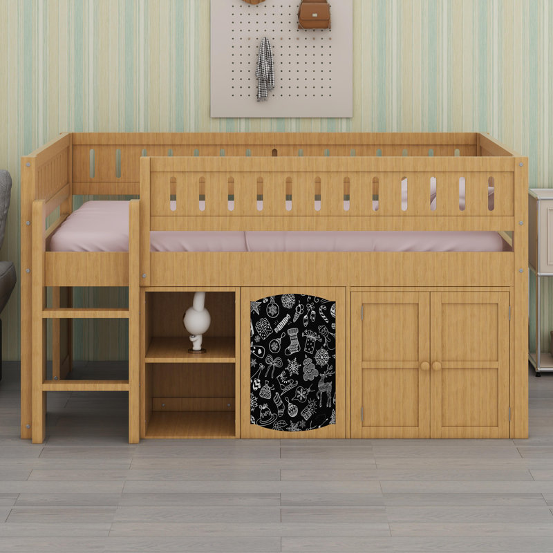 Loft Bed With Storage Cabinet And Chalkboard Panel, Natural