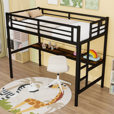 Lit mezzanine en métal avec bureau, port USB et lumières DEL