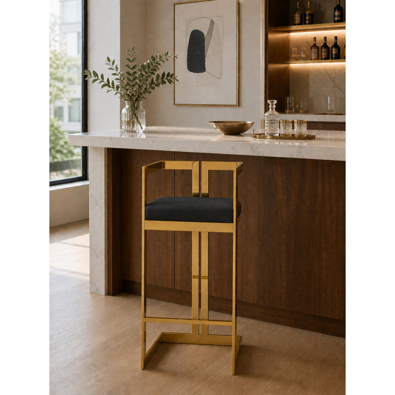 Tabouret de bar avec repose-pieds Kenzie, Doré, Similicuir noir, Tabouret de bar (siège d'une hauteur de 29,5 po)