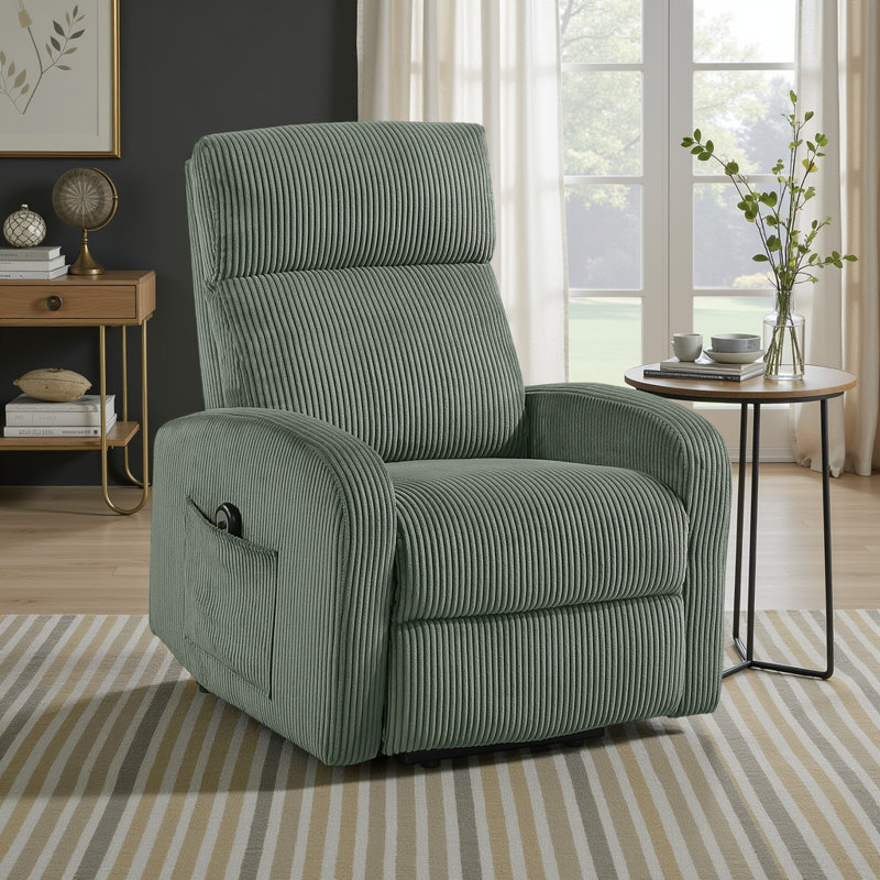  Yailem 28.5" Modern & Contemporary Corduroy Fabric Power Lift Chair with Gentle Lift Motion & Armrest Magazine Pocket, Green