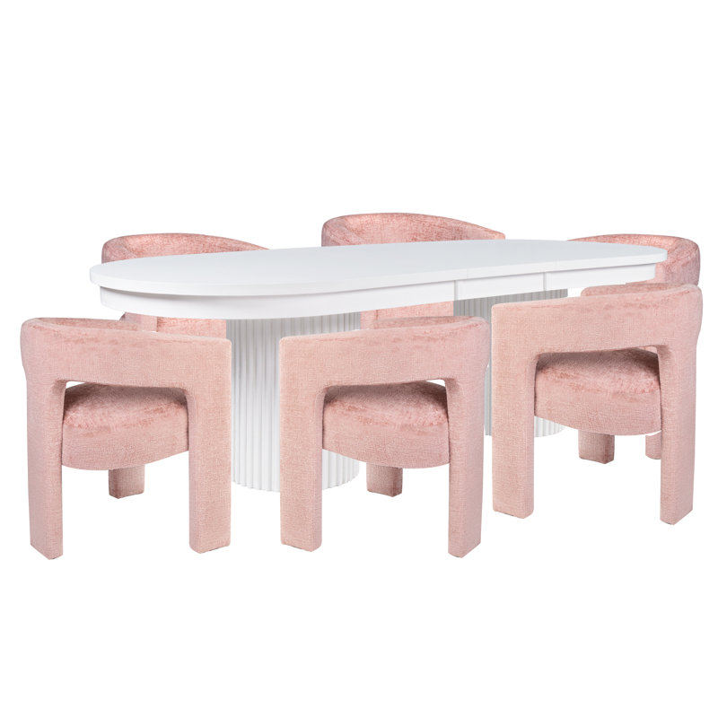 Ensemble de salle à manger à deux piédestaux 102 po Larson - Table blanche avec chaises roses, Blanc, Rose