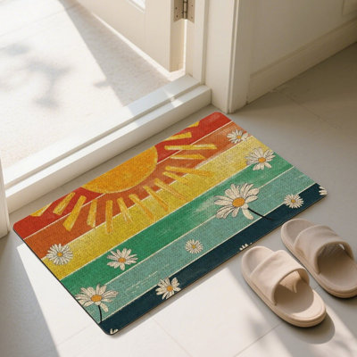 Multicolor Retro Sun Daisy Home Decor Door Mat 24"x 36", For Indoor Outdoor Porch