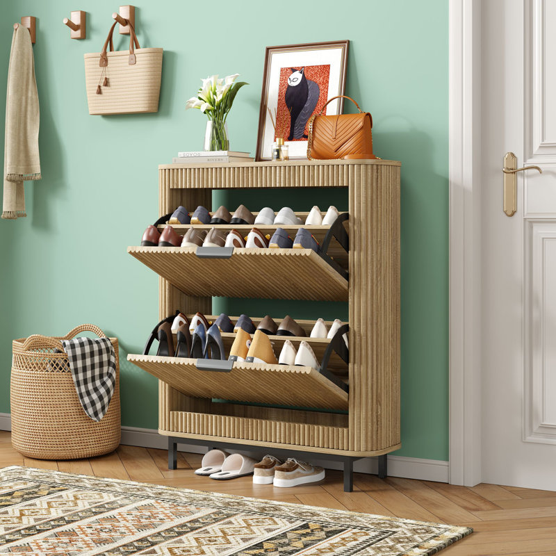 18 Pair Shoe Storage Cabinet, Natural Wood