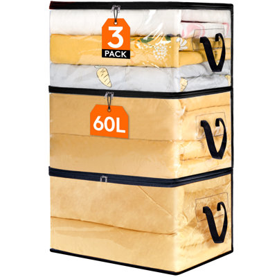 3 Pack Clear Clothes Storage Bags, 60l Plastic Blanket Storage Bags, Vinyl Foldable Moving Bags With Zipper, Closet Organizers And Storage Containers For Bedding, Duvet, Pillow