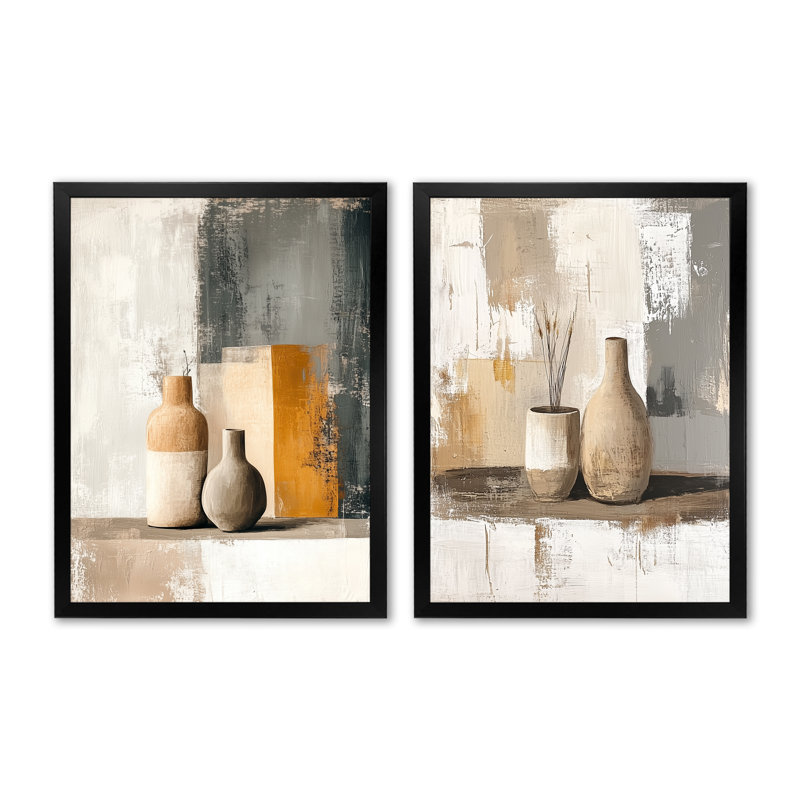 Céramique moderne I - Ensemble de 2 tableaux encadrés de style bohème, 32" H x 48" W, Black Picture Framed