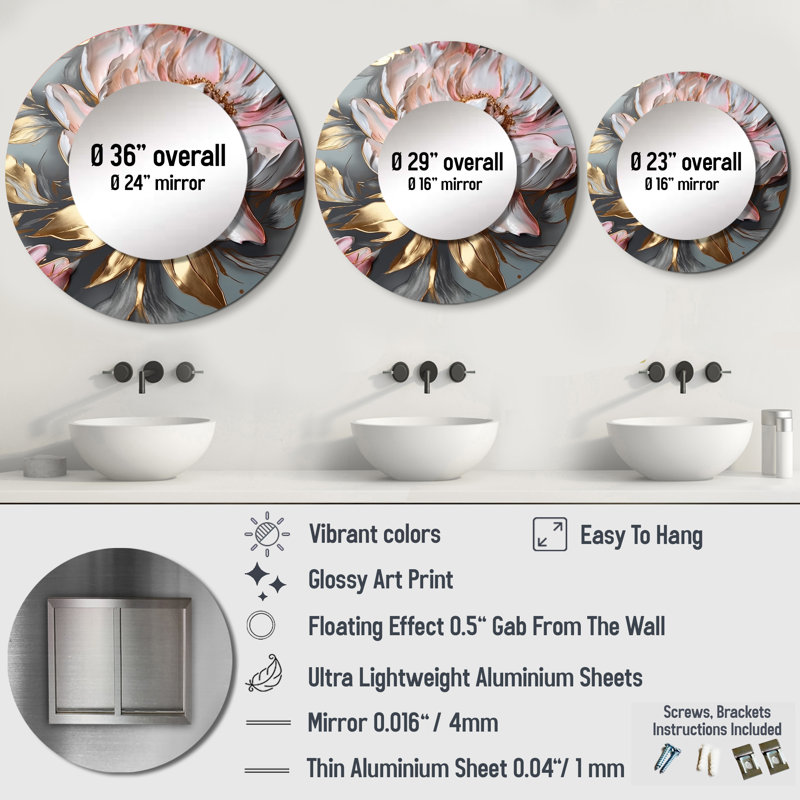 Grand miroir mural pivoines, gris, pivoines élégantes IV, 23 po x 23 po