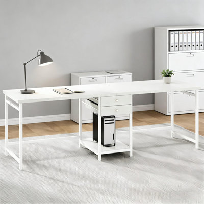 Bureau d'ordinateur rectangulaire avec tablette ouverte et crochet latéral