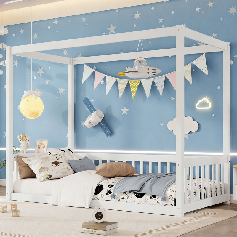 Bloomhouse Canopy Frame Floor Bed with Guardrails, Twin, White