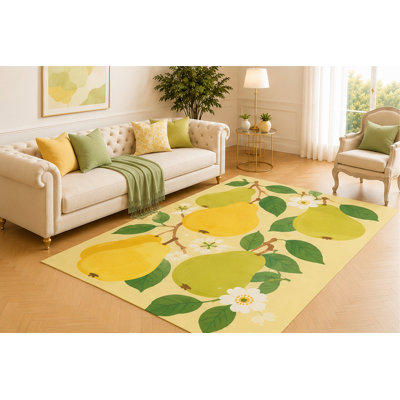 "Ultra Lightweight" 5'x7' Pear Blossom Area Rug, Modern Green and Yellow Pear Fruit Botanical Design with White Flowers, Soft Low Pile Carpet for Living Room Kitchen Dining Room Decor