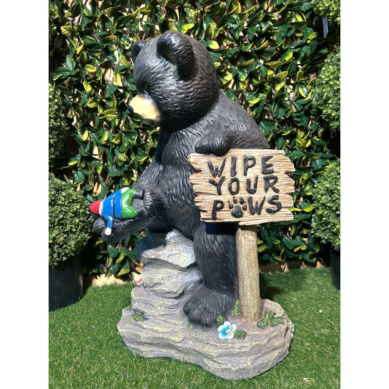 Black Polyresin Bear Holding Sign and Gnome Statue