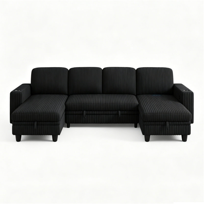 Sherry 106“  Upholstered Modular U-Shape Modular Sectional with Storage, Charging & Cup Holders, Effie Black Corduroy