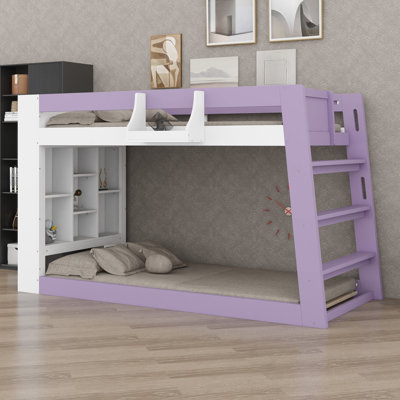 Bunk bed with built-in storage shelves and guardrail basket anchors a modern kids' bedroom