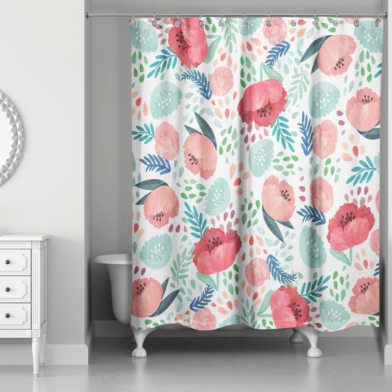 Rideau de douche simple floral Desdemona, Rose / sarcelle