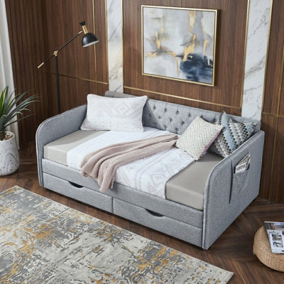 80.5" Mid-Century Linen Upholstered Twin-to-King Extendable Daybed with Storage Drawers