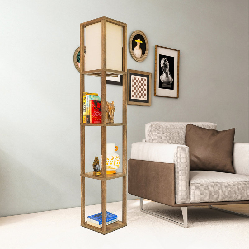 Lampe sur pied à tablette pour chambre à coucher / salon, bois naturel avec abat-jour long