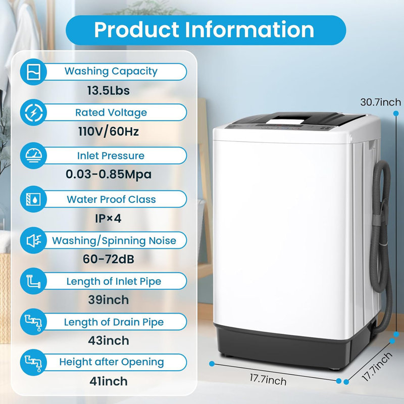 Nina 1.8 Cu. Ft. /13.5Lbs Full-Automatic Portable Washer 10 Programs & 8 Water Levels Small Washing Machine For Apartment, Home, Dorms, Rv, White