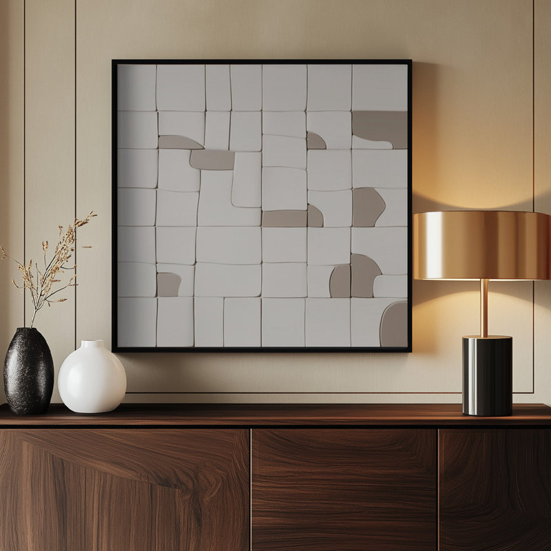 Poins V par Alma - art mural minimaliste abstrait blanc et beige avec motif en grille | 40 po x 40 po | Cadre noir, Noir