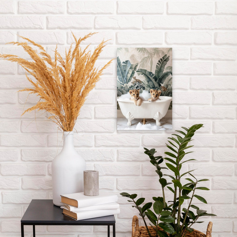 Lion Cubs Bubble Bath Abstract Palm Tree Landscape Nature Wall Art Print 1 Piece Wrapped Canvas Wall Art