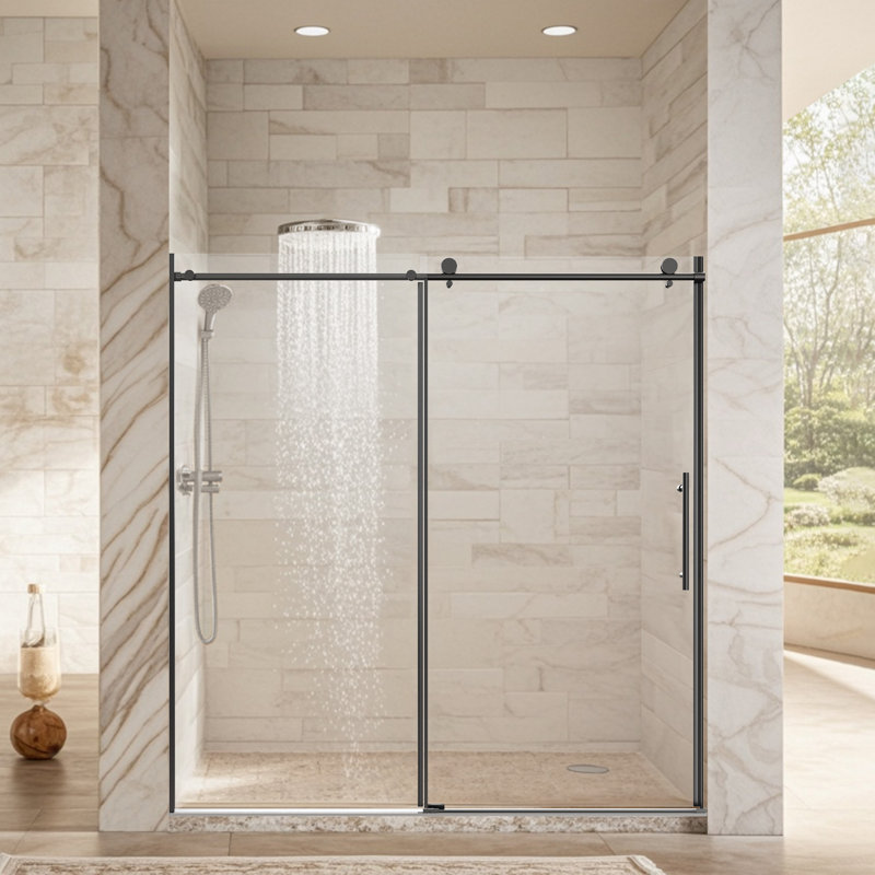 68-72" W * 76" H Stainless Steel Round Tube Frameless Single Sliding Shower Door, 3/8"-thick (10mm) Sgcc Clear Tempered Glass Door, Reversible Installation, Matte Black