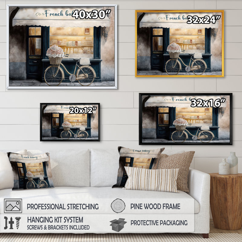 «Bicycle in Front a French Bakery IV», reproduction sur toile, H 24 po x l 32 po x P 1 po, Toile avec cadre flottant or