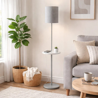 Nipo Floor Lamp W USB Port, 62 Inch Slim Gray Metal, White Shelf