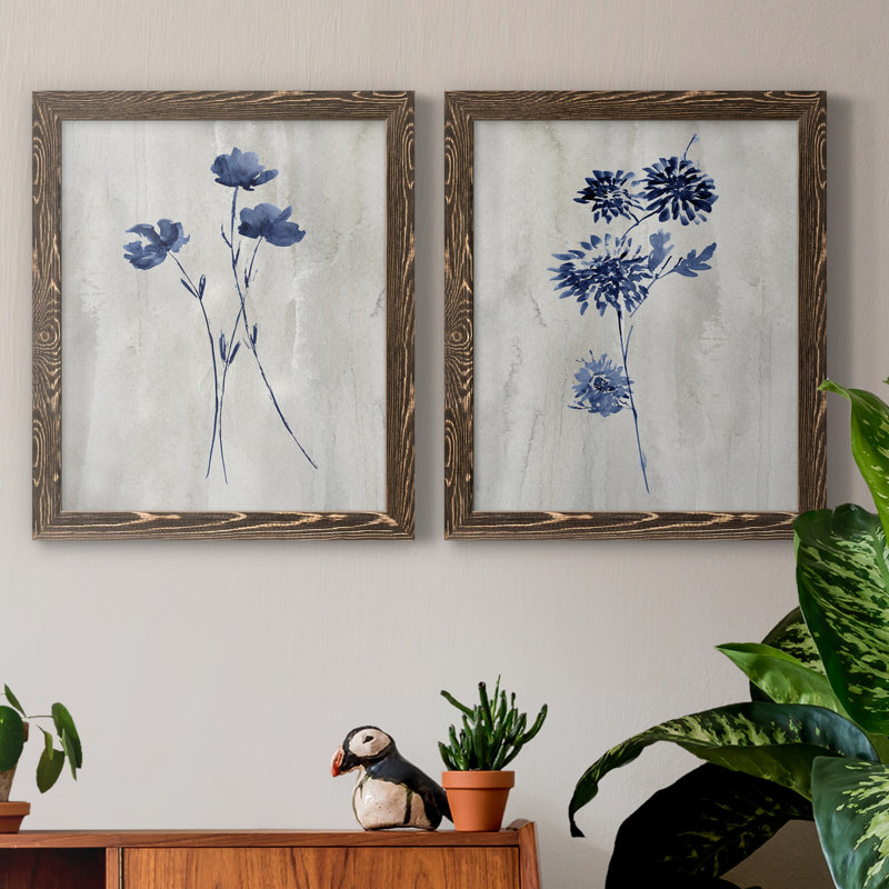 Indigo Botanical III - ensemble de 2 reproductions d'impressions, Pas de tapis, Toile avec cadre en noyer