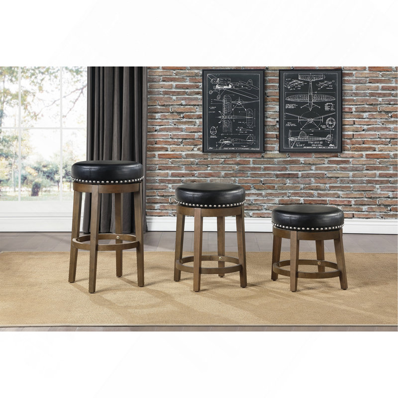 Ensemble de 2 tabourets ronds en similicuir à 360 degrés avec garniture cloutée et cadre en bois massif de style transitionnel brun