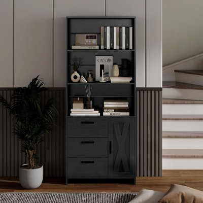 Grande bibliothèque en bois avec portes et 3 tiroirs - Bibliothèque sur pied à 6 niveaux - Grande armoire de rangement et tablettes ouvertes pour le bureau à domicile, le salon ou la chambre à coucher - noir, 75 x 30 x 180 cm