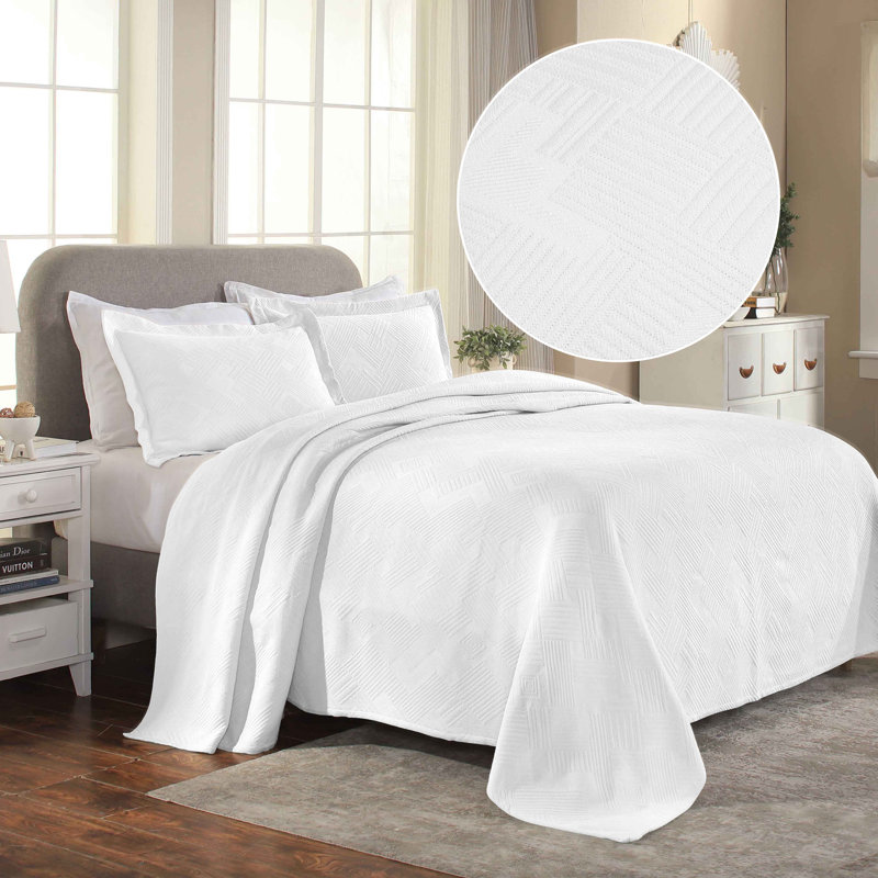 Scotia 100% Cotton All Season Textured Jacquard Bedspread/Coverlet and Matching Sham Set, King Bedspread + 2 Shams, White