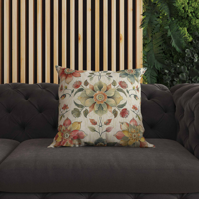 Coussin intérieur / extérieur Retro Floral, Carré 20 po, Vert/rouge