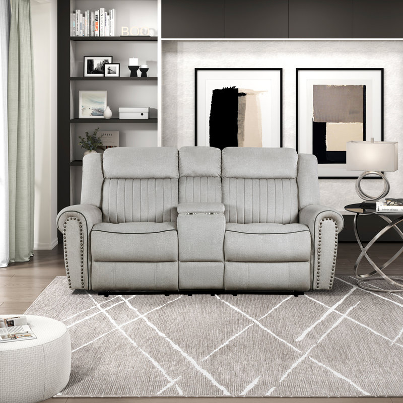 Cappella 75.5" Traditional Textured Microfiber Double Reclining Loveseat with Center Console, Cup Holders & Elegant Nailhead Trim, Available in Manual or Power Motion