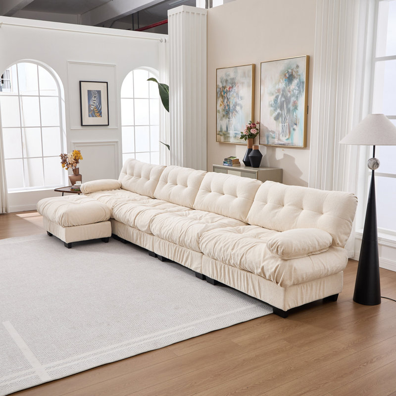 Canapé modulaire modulaire avec nuage, canapé modulaire en forme de L pour le salon, canapé modulaire à assise profonde avec accoudoirs ronds, 6 coussins, canapé moderne en flanelle à 4 places pour la chambre à coucher