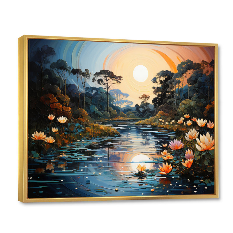 Blue Green Pointillism River At Night V - Pointillism Wall Art Living Room, H 34 po x l 44 po x P 1,5 po, Cadre flottant doré