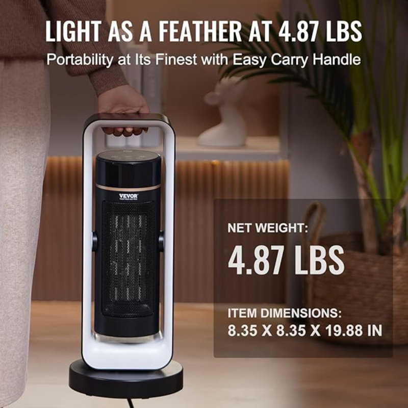 20-inch Black and Silver Ceramic Electric Heater with Thermostat
