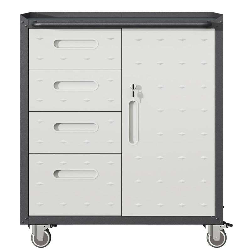 Armoire de rangement en métal - Garage, bureau, maison. Roues verrouillables, plateau surélevé. 4 tiroirs latéraux, tablettes réglables. Solide. Noir / gris pour un usage domestique. Rangement à 360 roulettes.