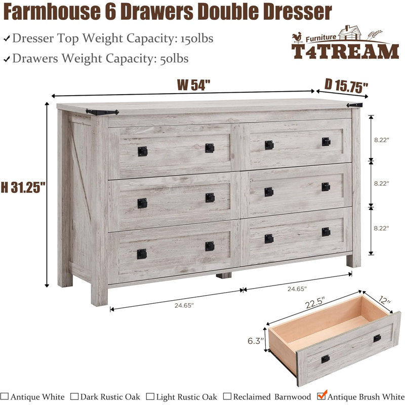 Grantville Farmhouse 6 - Drawers Double Dresser, Antique Brush White