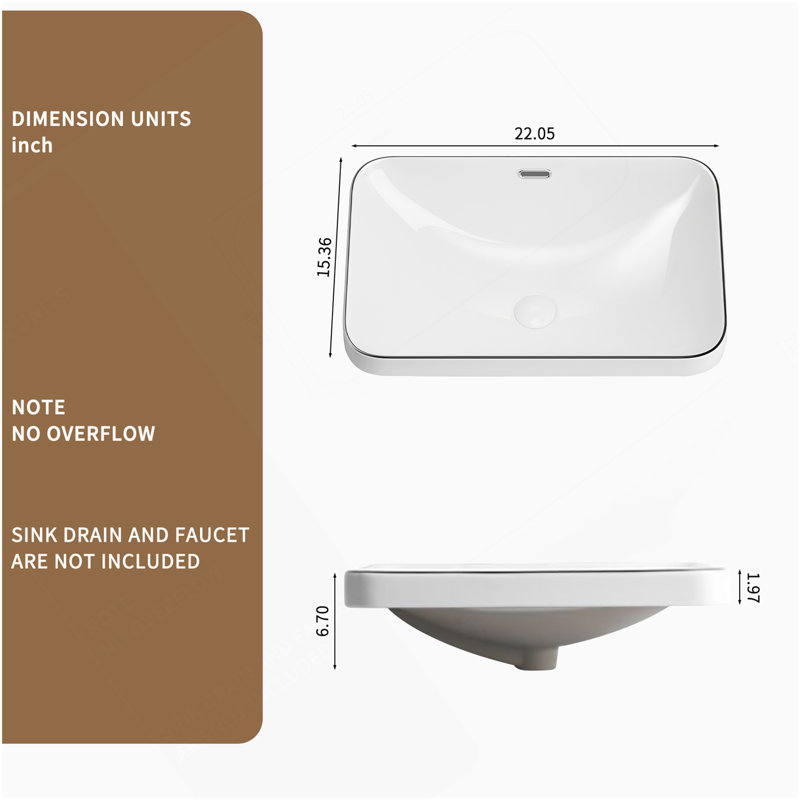 Ceramic Undermount Bathroom Sink 22.05" X 15.36" X 6.7" - White Porcelain Vessel Basin, Seamless Design For Vanity Countertop (3 Styles: Solid White, White With Black Lines, White With Black Edge)