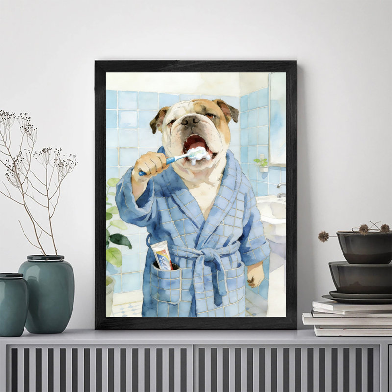 «Black Bulldog Vintage» encadré noir, vaisselle dans la salle de bain, impressions encadrées de style créatif et amusant