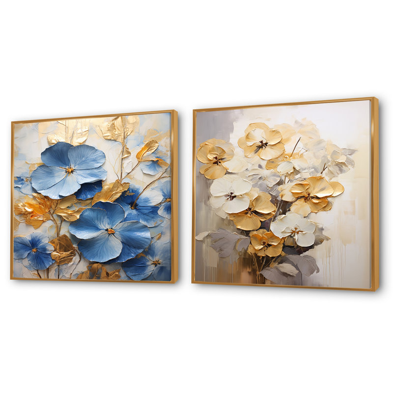 Minimalisme bleu et doré - ensemble de 2 collages carrés, H 16 po x l 33 po, Cadre flottant doré