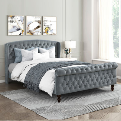Lit plateforme tapissier moderne grand lit gris doux capitonné à oreilles tête de lit Chesterfield pied de lit meubles de chambre à coucher 1pc