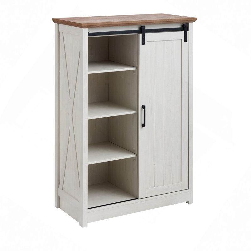 Daneal Farmhouse Dresser with 5 Drawers, Sliding Barn Door and Adjustable Shelves, White