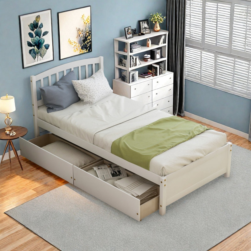 Lit plateforme simple avec tiroirs de rangement et tête de lit, Blanc