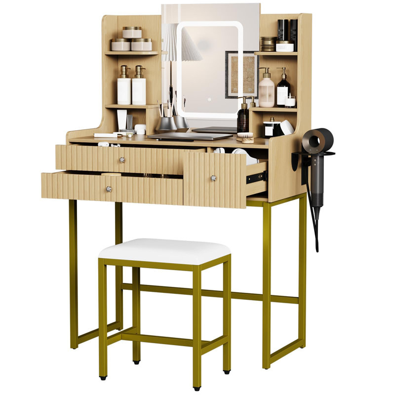 Dressing Table With Mirror And Lights 3 Drawers Charging Station And 6 Storage Shelves For Bedroom, Brown
