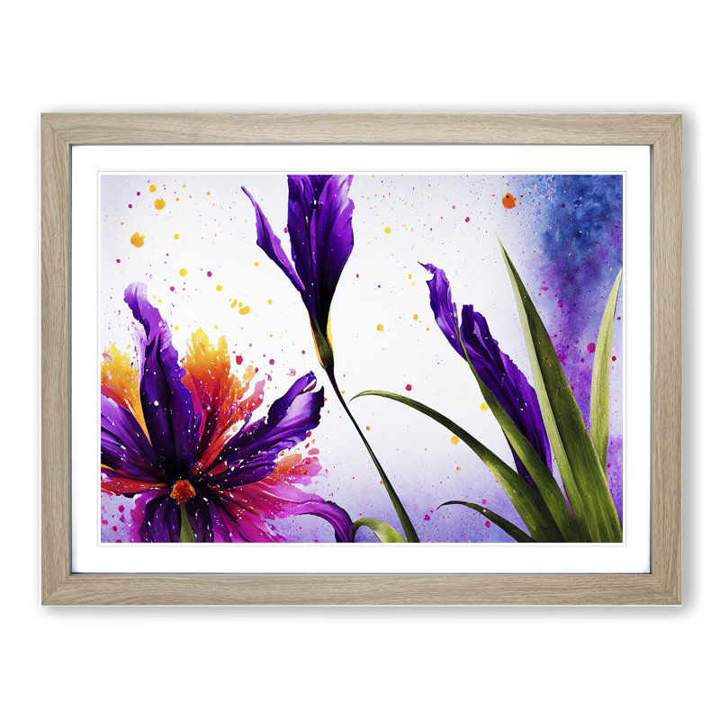 Iris Flower Splash - Single Picture Frame Print, 25cm H x 34cm W x 2cm D, Oak