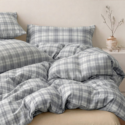 Gray Plaid Duvet Cover Set King Size, 100% Cotton Duvet Cover Set, Gray Retro Grid Bedding Set with Hidden Zipper and 8 Corner Ties, 3 Pieces Soft Breathable Preppy Plaid Bedding Set