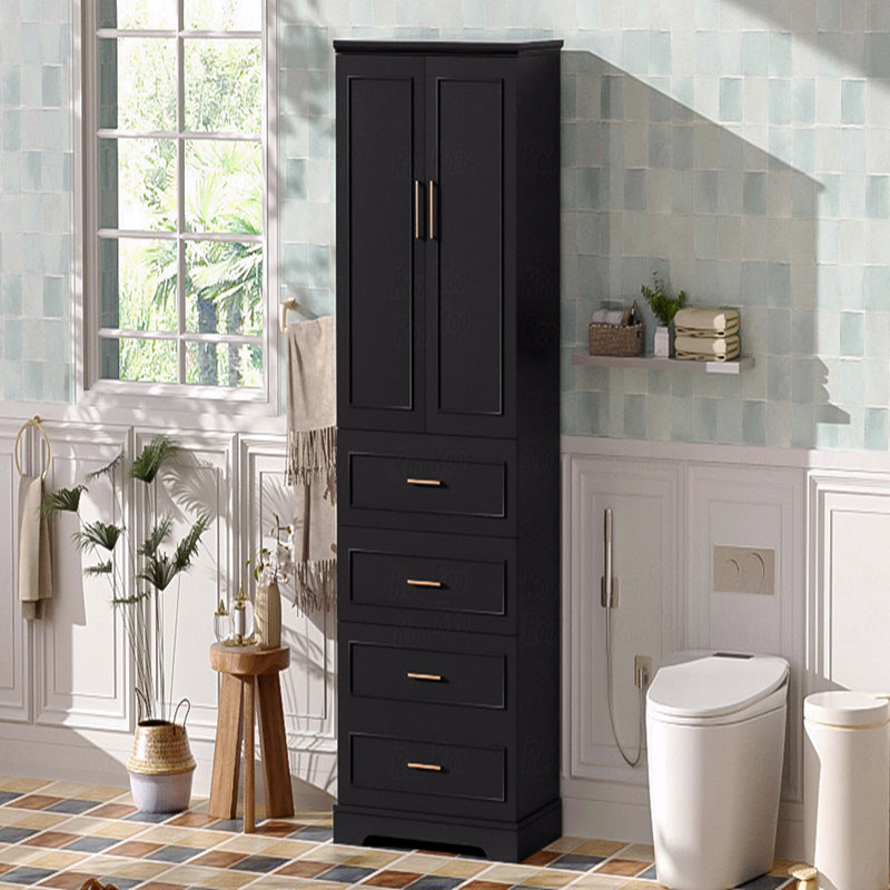 Armoire de salle de bain 72,2 po de hauteur, style moderne et élégant, 3 tiroirs, tablette réglable, portes à fermeture en douceur, panneau de fibres à densité moyenne / acier | Idée de cadeau