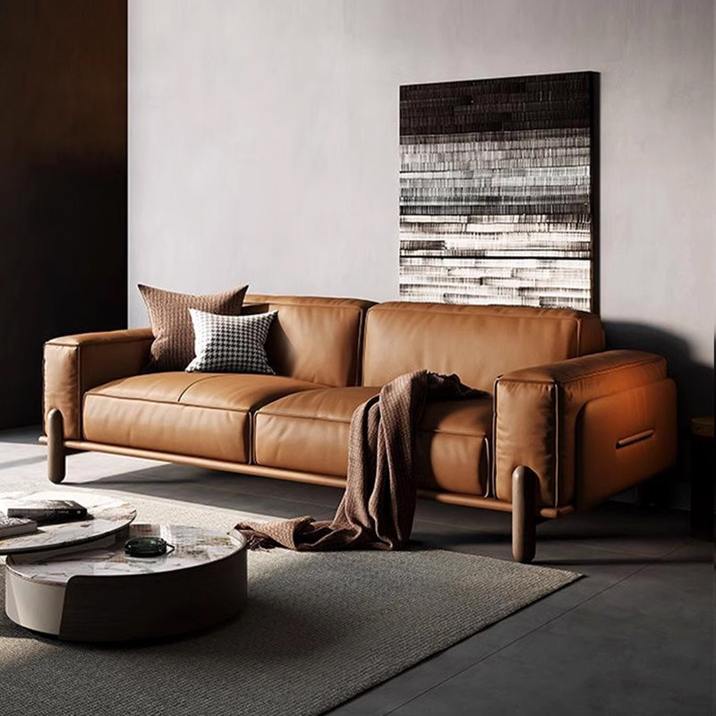 Mid century modern sofa,Genuine Leather sofa with Solid Wood,Loveseat Sofa Couch, Brown, 29.53" H x 78.35" W x 37.4" D